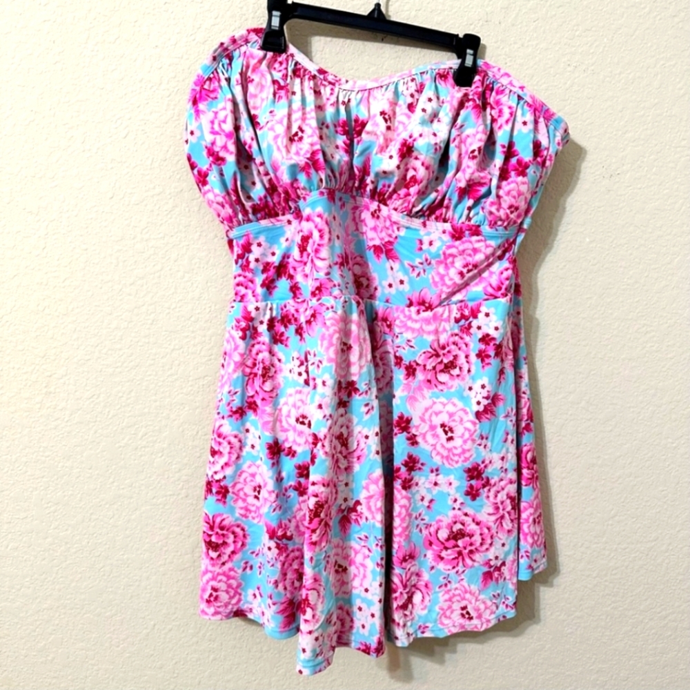 Torrid Swimsuit One Piece Blue Pink Floral Strapless Skirt Dress Plus Size